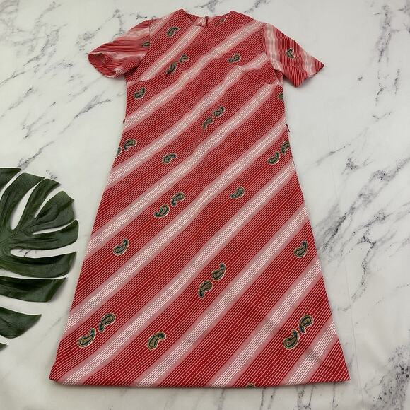 Unbranded Dresses & Skirts - Womens Vintage 80s Shift Dress Size L Red Stripe Paisley Floral Midi Stretch